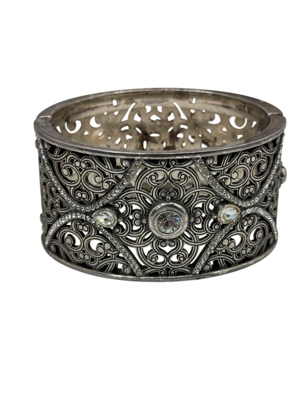 Brighton Mamounia Ornate Silver-Tone Filigree Bangle Bracelet Rhinestone Accents
